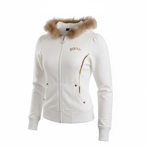 Coogi White Faux Fur Trim Zip Hoodie Womens XL Fits M/L Y2K Streetwear Winter